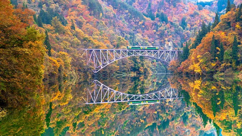 Train sur le premier pont de la rivière Tadami, entre forêt d’automne et reflets au Japon